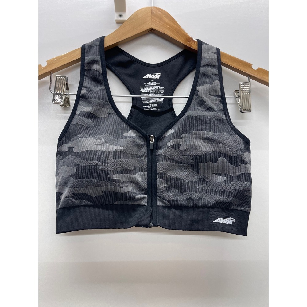 Avia Womens Grey Camo Front Zip Racerback Sports Bra Size L AV18191